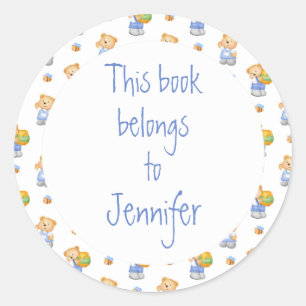 Watercolor Teddy Bear Custom Library Book Plate Classic Round Sticker
