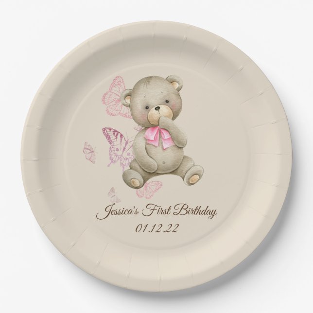 Watercolor Teddy Bear First Birthday Paper Plates (Front)