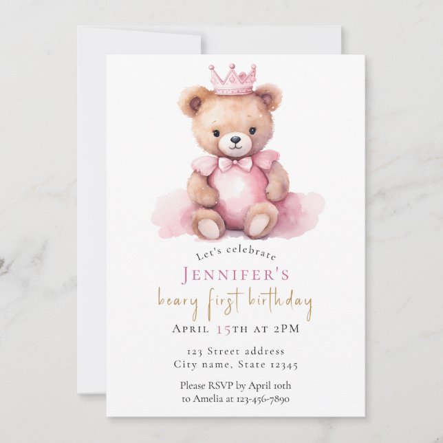 Watercolor Teddy Bear Girl 1st Birthday Invitation (Front)