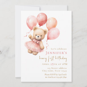 Watercolor Teddy Bear Girl 1st Birthday Invitation