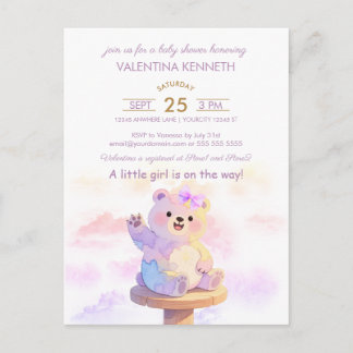 Watercolor Teddy Bear Girl Baby Shower Invitation