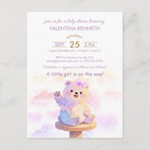 Watercolor Teddy Bear Girl Baby Shower Invitation Postcard
