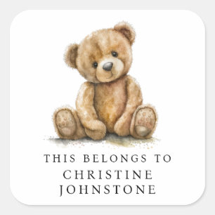 Watercolor Teddy Bear Kids Name Bookplate Label
