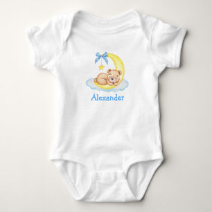 Watercolor Teddy Bear Moon Blue Bow Baby Bodysuit