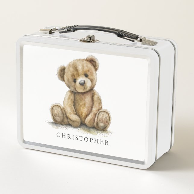 Watercolor Teddy Bear Neutral Kid's Name Metal Lunch Box (Front)