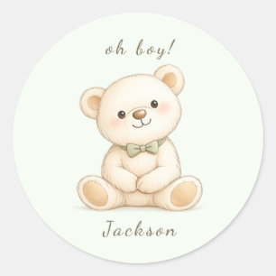 Watercolor Teddy Bear Oh Boy Baby Shower  Classic Round Sticker