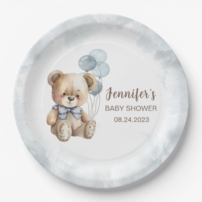 Watercolor teddy bear paper plate for baby shower (Front)