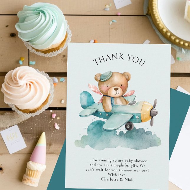 Watercolor Teddy Bear Pilot Baby Shower  Thank You Card (Creator Uploaded)