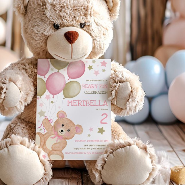 Watercolor Teddy Bear Pink Gold Girls Birthday Invitation (Creator Uploaded)