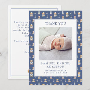 Watercolor Teddy Bear Sailor Newborn Baby Photo Thank You Card