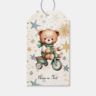 Watercolor Teddy Bear Stars Green Bike Party Gift Tags