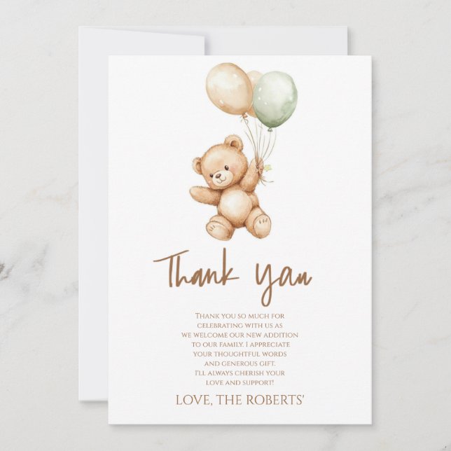 Watercolor Teddy Bear Thank You Card (Front)