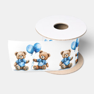 Watercolor Teddy Bear Twin Boys Satin Ribbon