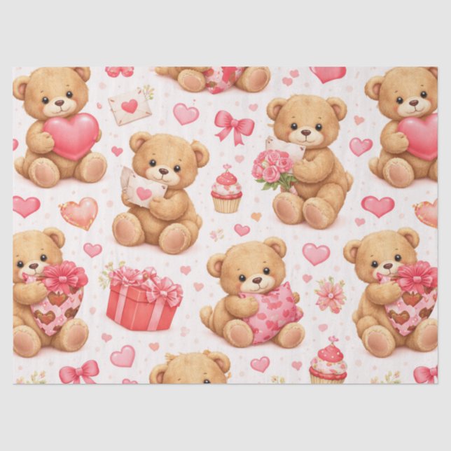 Watercolor Teddy Bear Valentine's Day Pattern Tissue Paper (Front)