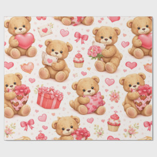 Watercolor Teddy Bear Valentine's Day Pattern Wrapping Paper