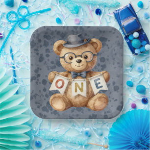 Watercolor Teddy Bear with ONE Banner Birthday  Paper Plate