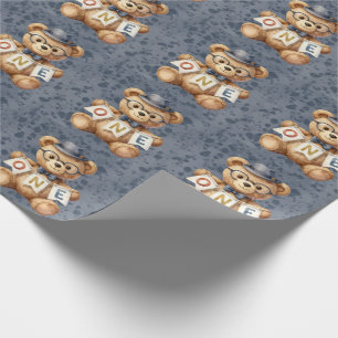 Watercolor Teddy Bear with ONE Banner Birthday  Wrapping Paper