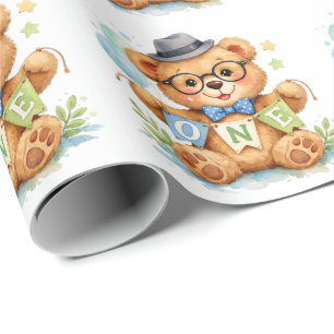 Watercolor Teddy Bear with ONE Banner Birthday  Wrapping Paper