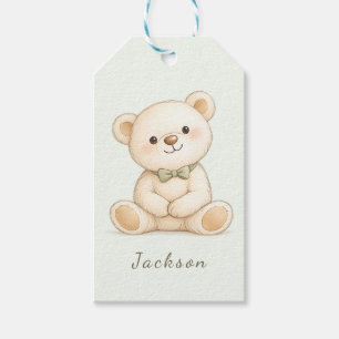 Watercolor teddy bear with sage green bow tie gift tags