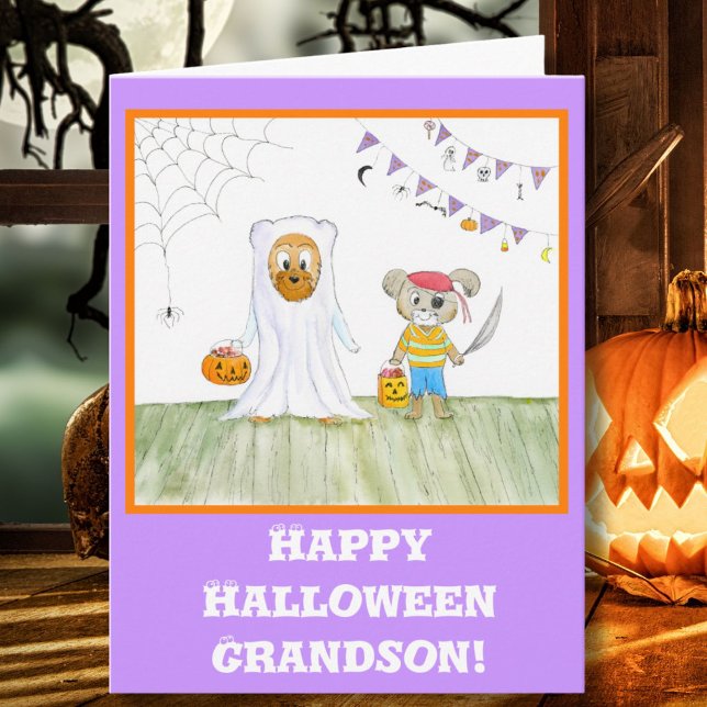 Watercolor Teddy Bears Happy Halloween Grandson Card (Creator Uploaded)