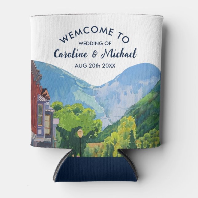 Watercolor Telluride Colorado wedding Mountain Can Cooler (Front)