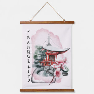 Watercolor Temple Red Bridge Japanese Hanging Tapestry