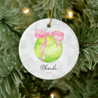 Watercolor Tennis Ball ft Preppy Pink Coquette Bow Ceramic Ornament