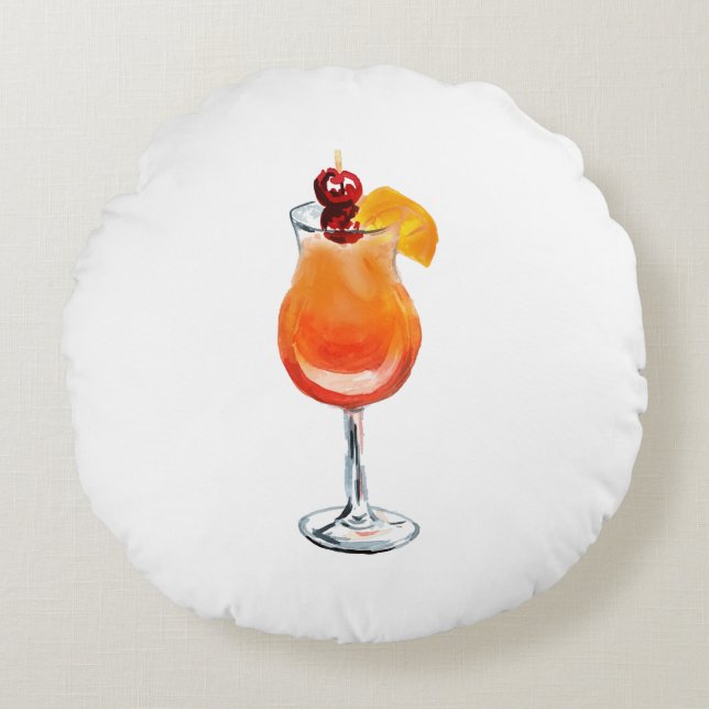 Watercolor Tequila Sunrise Cocktail Round Pillow (Front)