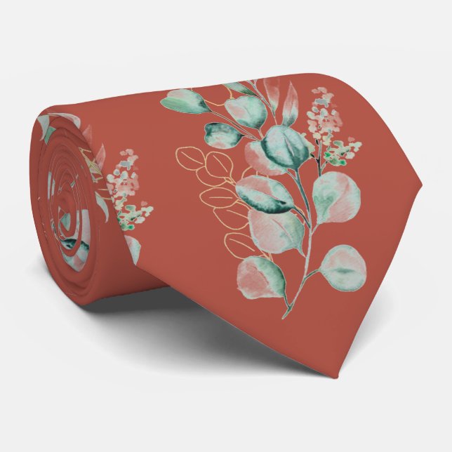 Watercolor Terracotta Eucalyptus Greenery Pattern  Tie (Rolled)
