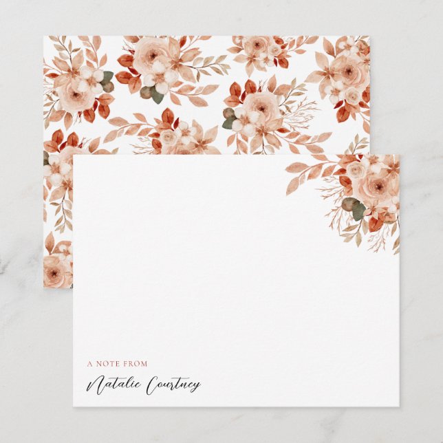 Watercolor Terracotta Flowers Foliage Script  Note Card (Front/Back)