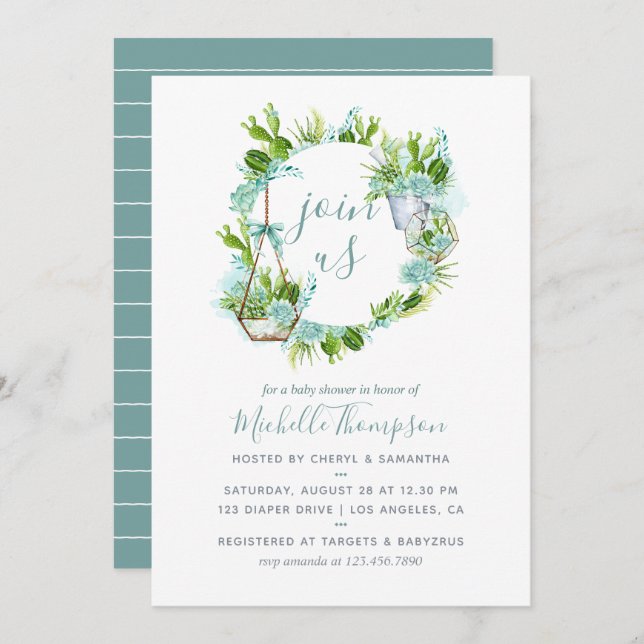Watercolor Terrarium Succulent Boy Baby Shower Invitation (Front/Back)