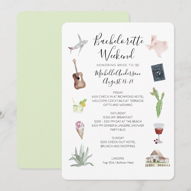 Watercolor Texas Bachelorette Weekend Itinerary Invitation (Front/Back)