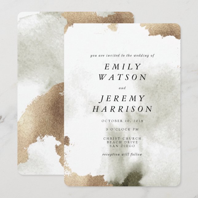 Watercolor Texture Grey Marble Wedding Invitation (Front/Back)