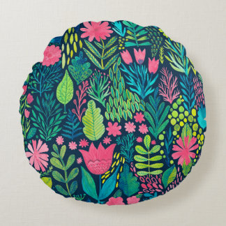 Watercolor texture with flowers and plants. Floral Round Pillow