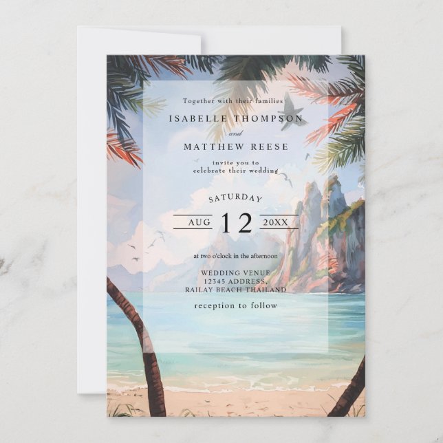 Watercolor Thailand Tropical Beach Wedding Invitation (Front)