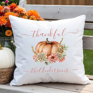 Watercolor Thankful Autumn Fall Pumpkin Floral Throw Pillow
