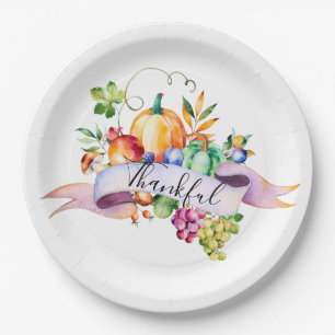 Watercolor "Thankful" Banner Thanksgiving Pumpkin Paper Plate