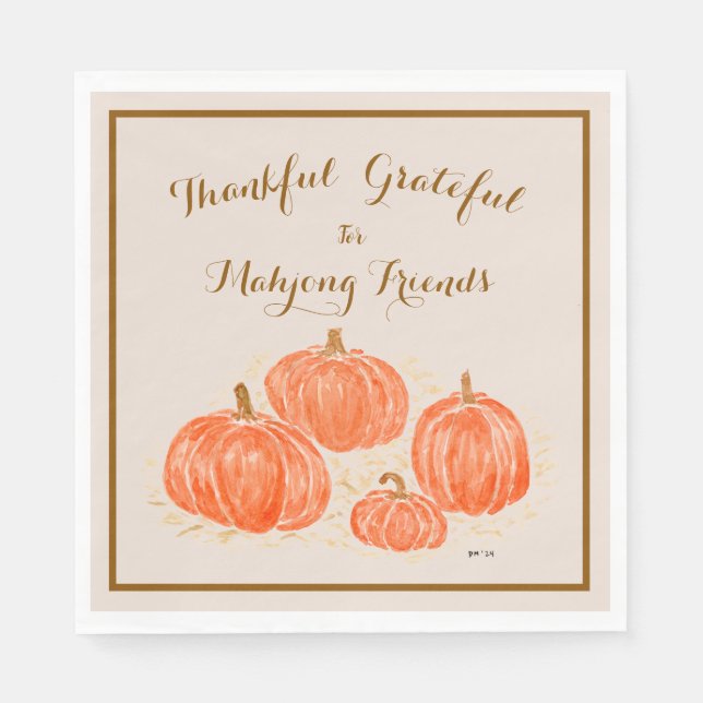 Watercolor Thankful Grateful for Mahjong Friends Napkin (Front)
