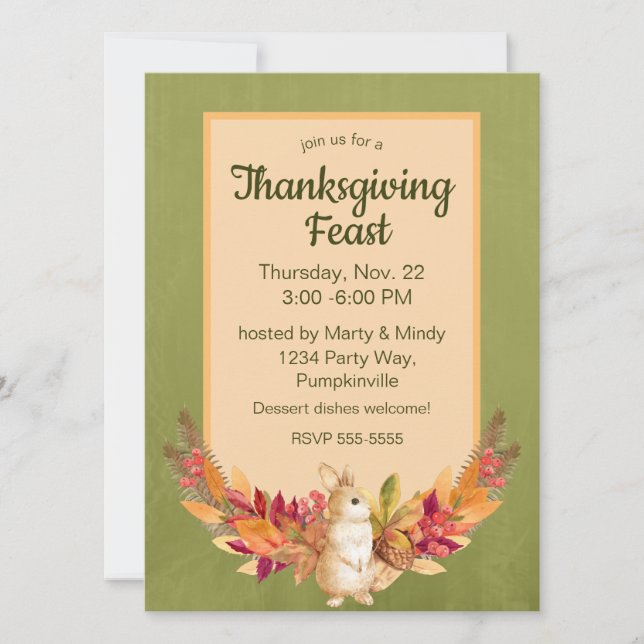 Watercolor Thanksgiving Bunny, Acorns, Berries Invitation (Front)