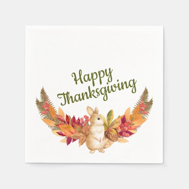 Watercolor Thanksgiving Bunny, Acorns, Berries Napkin (Front)