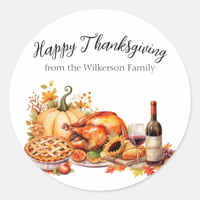 Watercolor Thanksgiving Dinner Classic Round Sticker (Front)