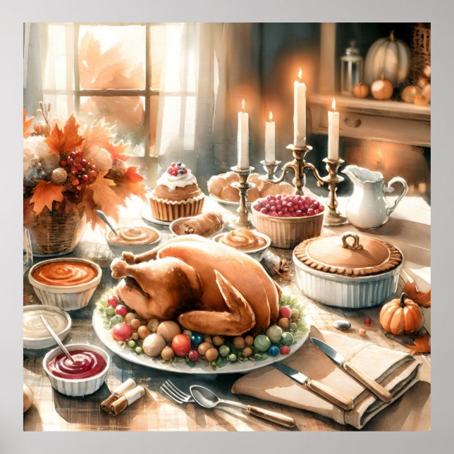 Watercolor Thanksgiving dinner scene Poster (Front)