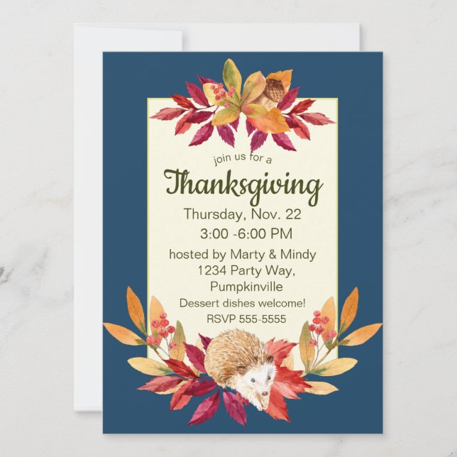 Watercolor Thanksgiving Hedgehog, Acorns, Berries Invitation (Front)