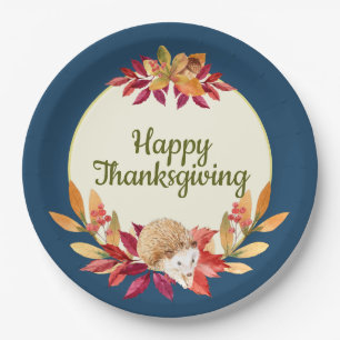 Watercolor Thanksgiving Hedgehog, Acorns, Berries Paper Plate