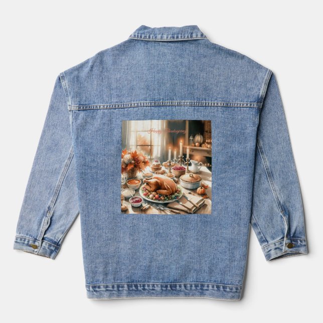 Watercolor Thanksgiving Illustration Denim Jacket (Back)