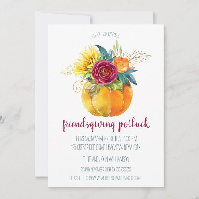Watercolor Thanksgiving Pumpkin Vase Friendsgiving Invitation (Front)