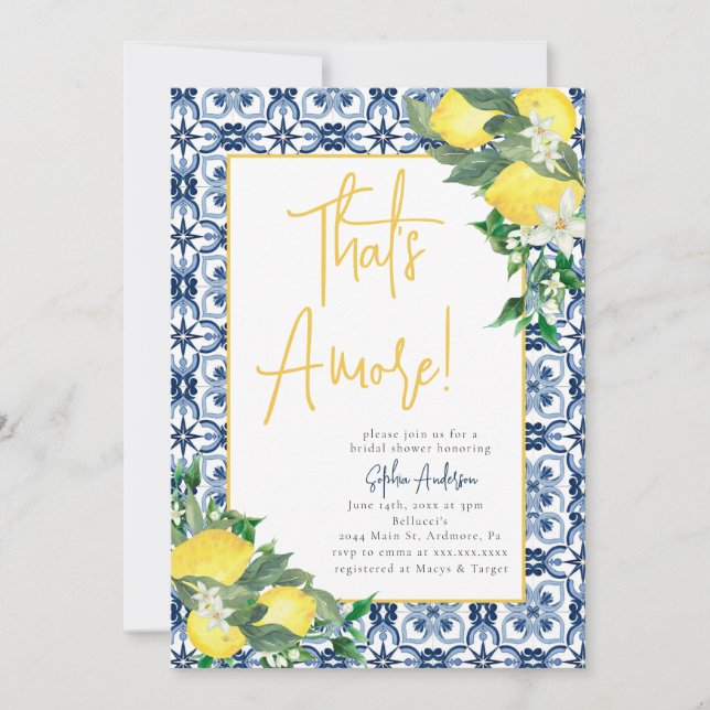 Watercolor That's Amore Lemon Bridal Shower Invitation (Front)
