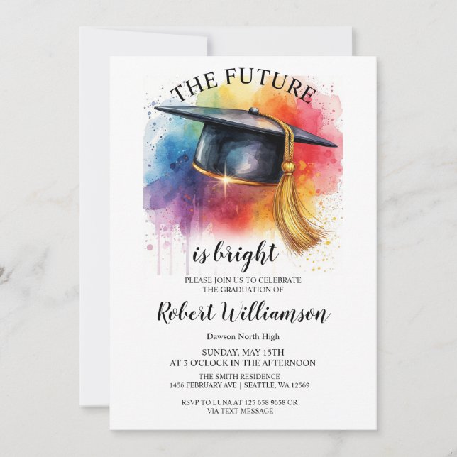 Watercolor The Future Is Bright Graduation Party Invitation (Front)