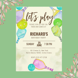 Watercolor Theme Pickleball Light Birthday Party Invitation