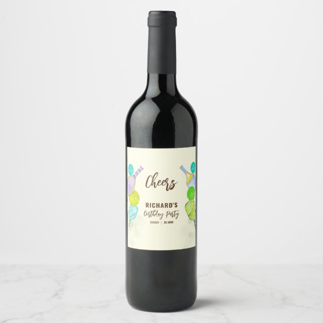 Watercolor Theme Pickleball Light Birthday Party Wine Label (Front)